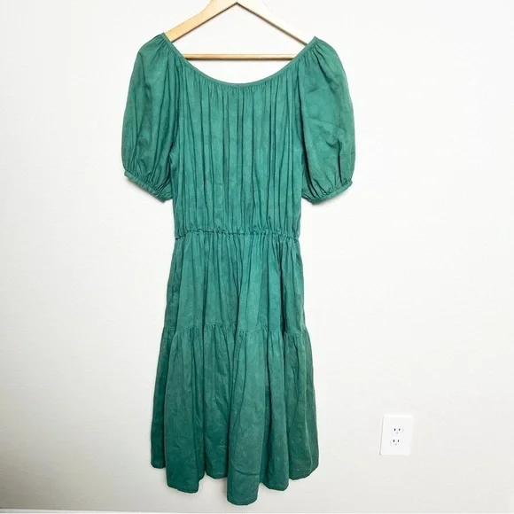 Vintage 70s Christian Joss green puff sleeve boho tapestry floral pocket dress - Picture 7 of 8